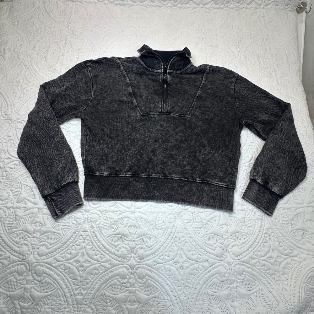 Mono B Mineral Wash Black Cropped Quarter Zip Sweatshirt KT11508 Mens Medium